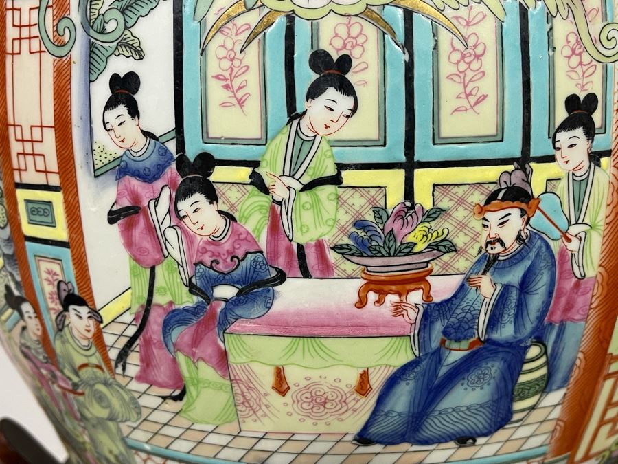 Vintage Chinese Porcelain Fish Bowl Planter With Wooden Stand 14R X 12H [Photo 16]