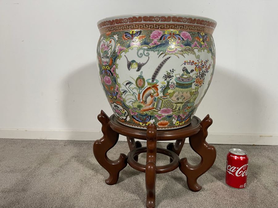 Vintage Chinese Porcelain Fish Bowl Planter With Wooden Stand 14R X 12H