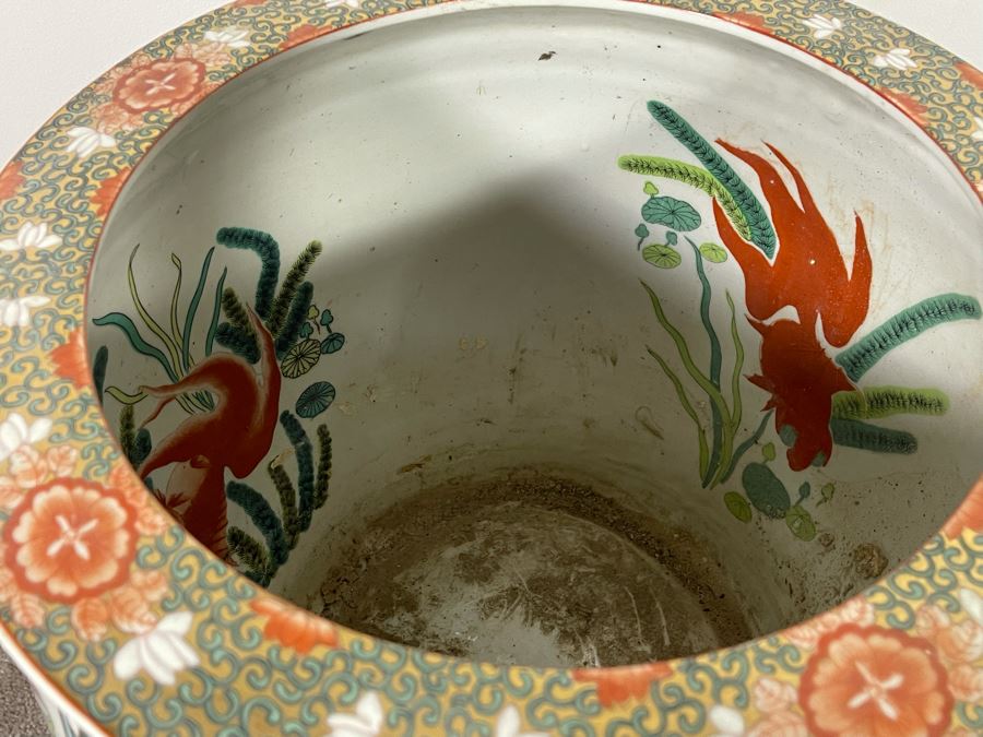 Vintage Chinese Porcelain Fish Bowl Planter With Wooden Stand 14R X 12H [Photo 25]