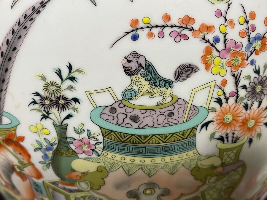 Vintage Chinese Porcelain Fish Bowl Planter With Wooden Stand 14R X 12H [Photo 9]