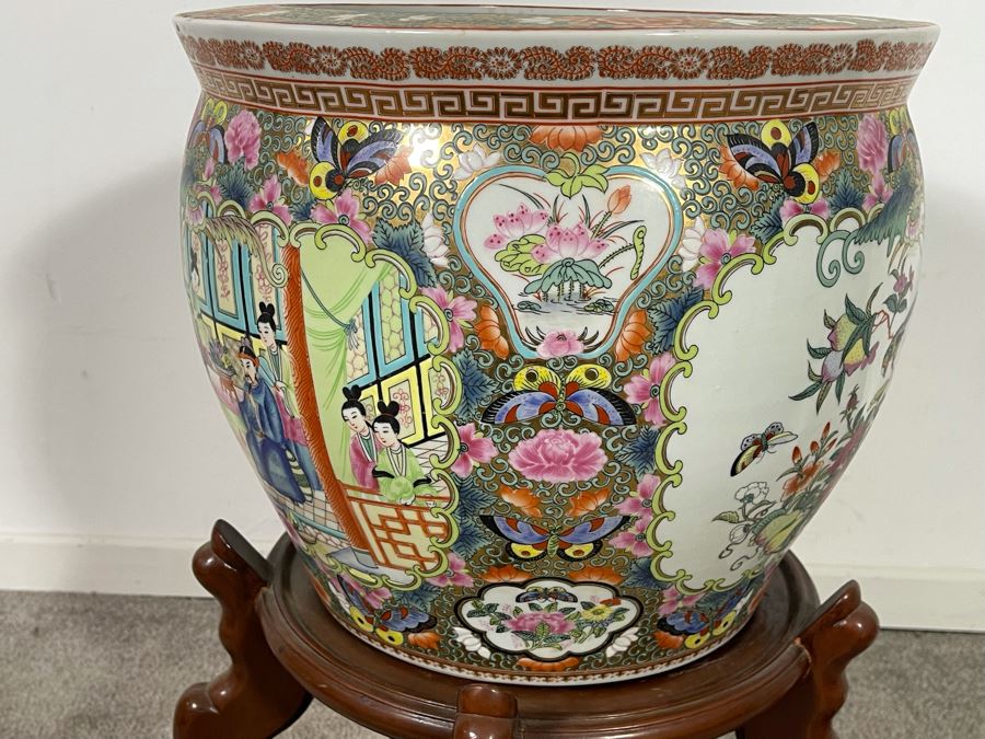 Vintage Chinese Porcelain Fish Bowl Planter With Wooden Stand 14R X 12H [Photo 20]