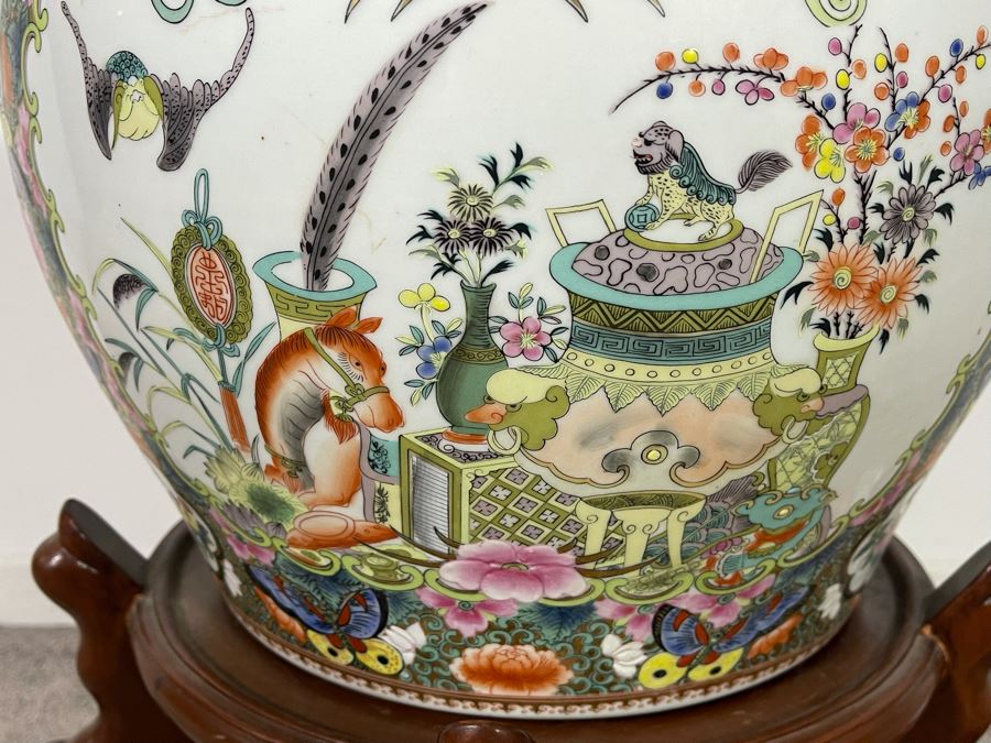 Vintage Chinese Porcelain Fish Bowl Planter With Wooden Stand 14R X 12H [Photo 7]