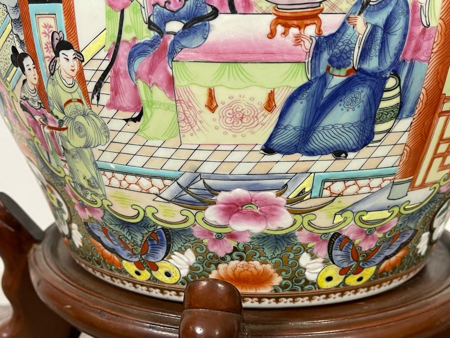 Vintage Chinese Porcelain Fish Bowl Planter With Wooden Stand 14R X 12H [Photo 18]