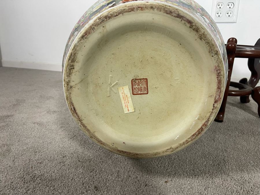 Vintage Chinese Porcelain Fish Bowl Planter With Wooden Stand 14R X 12H [Photo 27]