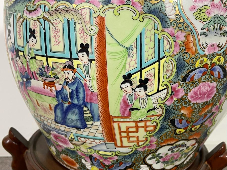 Vintage Chinese Porcelain Fish Bowl Planter With Wooden Stand 14R X 12H [Photo 19]