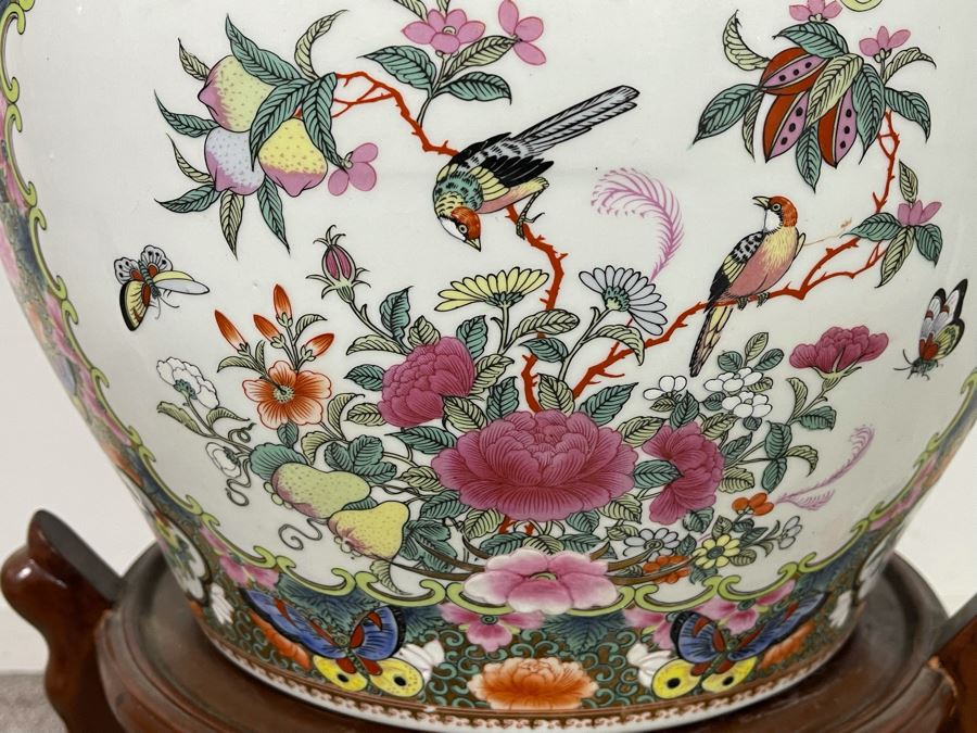 Vintage Chinese Porcelain Fish Bowl Planter With Wooden Stand 14R X 12H