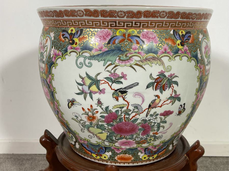 Vintage Chinese Porcelain Fish Bowl Planter With Wooden Stand 14R X 12H [Photo 22]