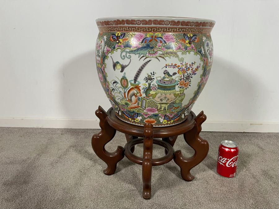 Vintage Chinese Porcelain Fish Bowl Planter With Wooden Stand 14R X 12H