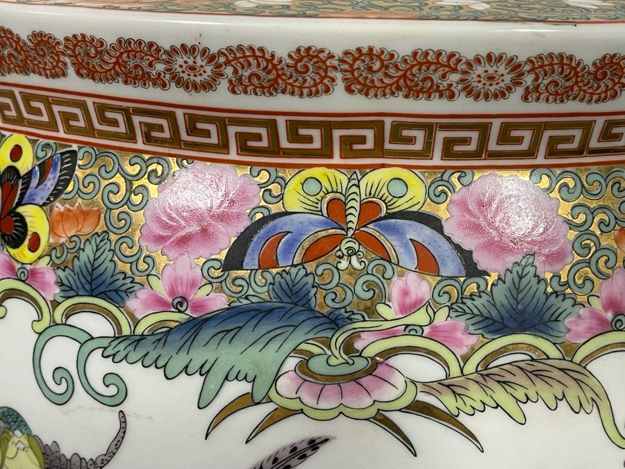 Vintage Chinese Porcelain Fish Bowl Planter With Wooden Stand 14R X 12H [Photo 6]