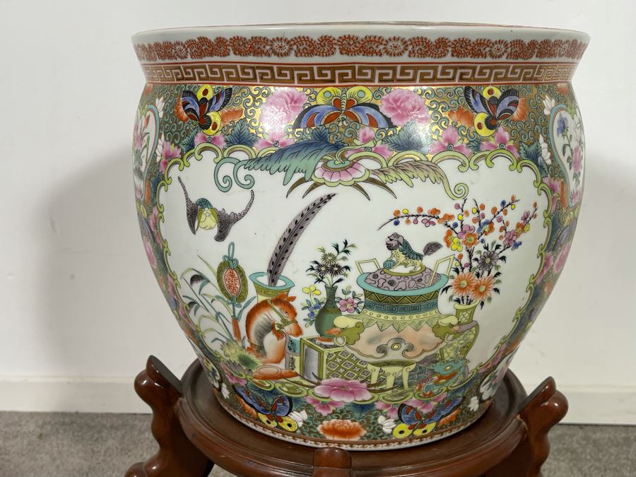 Vintage Chinese Porcelain Fish Bowl Planter With Wooden Stand 14R X 12H [Photo 5]