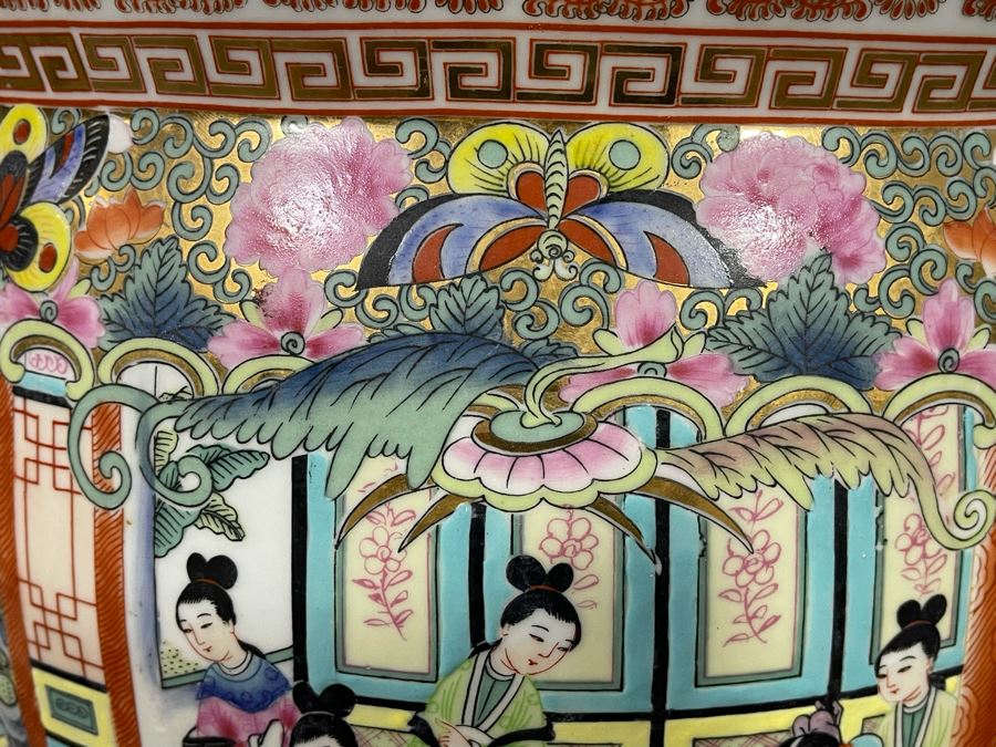 Vintage Chinese Porcelain Fish Bowl Planter With Wooden Stand 14R X 12H [Photo 17]