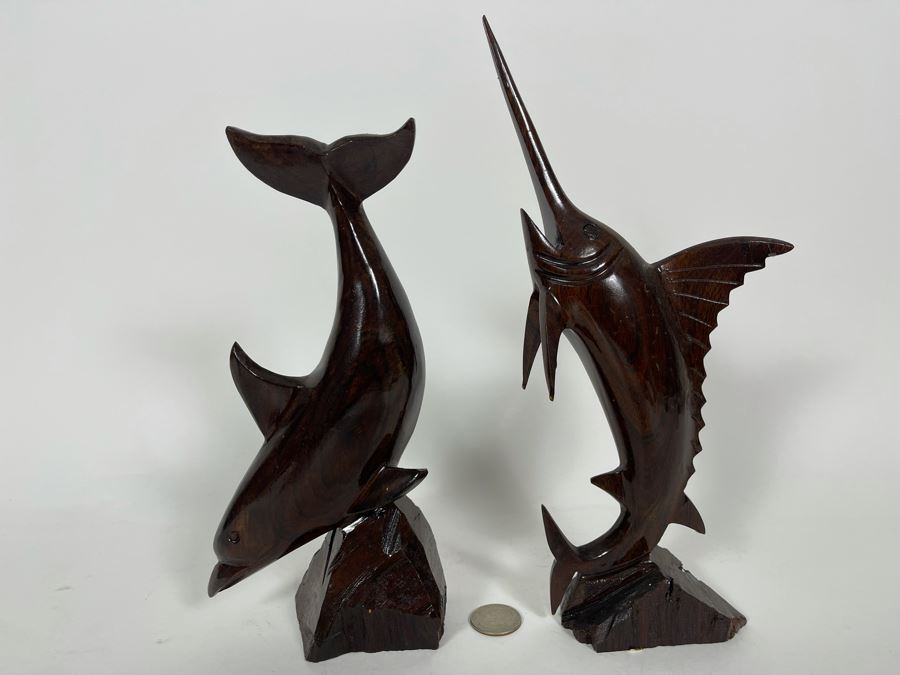 Hand Carved Wooden Dolphin 9H And Sailfish 11H Sculptures Figurines [Photo 2]