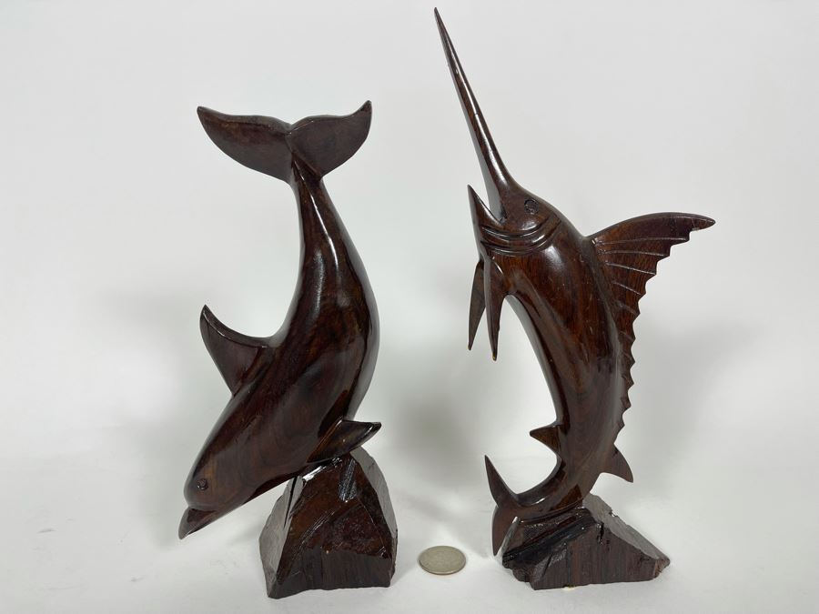 Hand Carved Wooden Dolphin 9H And Sailfish 11H Sculptures Figurines [Photo 1]