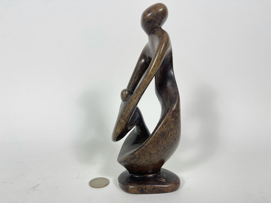 Signed Original African Swaziland Carved Stone Sculpture Of Woman With Child 8.5H [Photo 2]