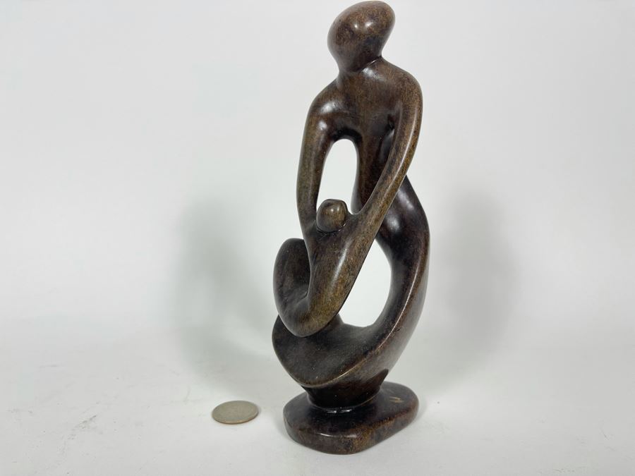Signed Original African Swaziland Carved Stone Sculpture Of Woman With Child 8.5H