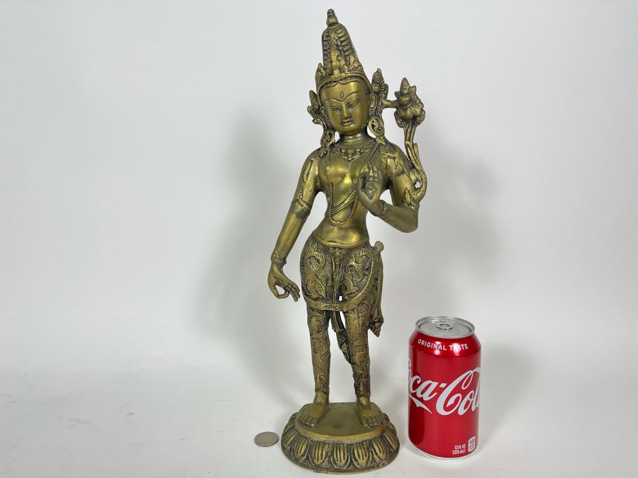 Brass Tibetan Buddhist Deity Standing Tara Sculpture From India 16.5'H
