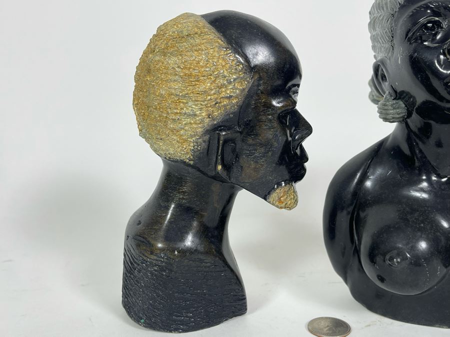 Vintage Pair Of Hand Carved Stone Bust Sculptures Of Mand And Woman From Zimbabwe Africa 7H And 8H [Photo 7]