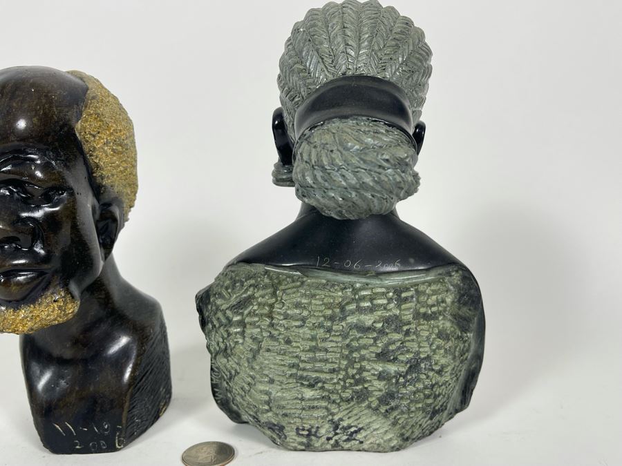 Vintage Pair Of Hand Carved Stone Bust Sculptures Of Mand And Woman From Zimbabwe Africa 7H And 8H [Photo 13]