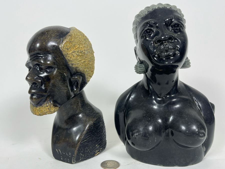 Vintage Pair Of Hand Carved Stone Bust Sculptures Of Mand And Woman From Zimbabwe Africa 7H And 8H
