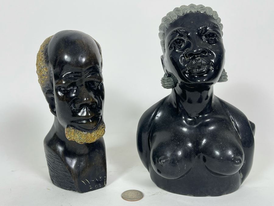 Vintage Pair Of Hand Carved Stone Bust Sculptures Of Mand And Woman From Zimbabwe Africa 7H And 8H [Photo 5]