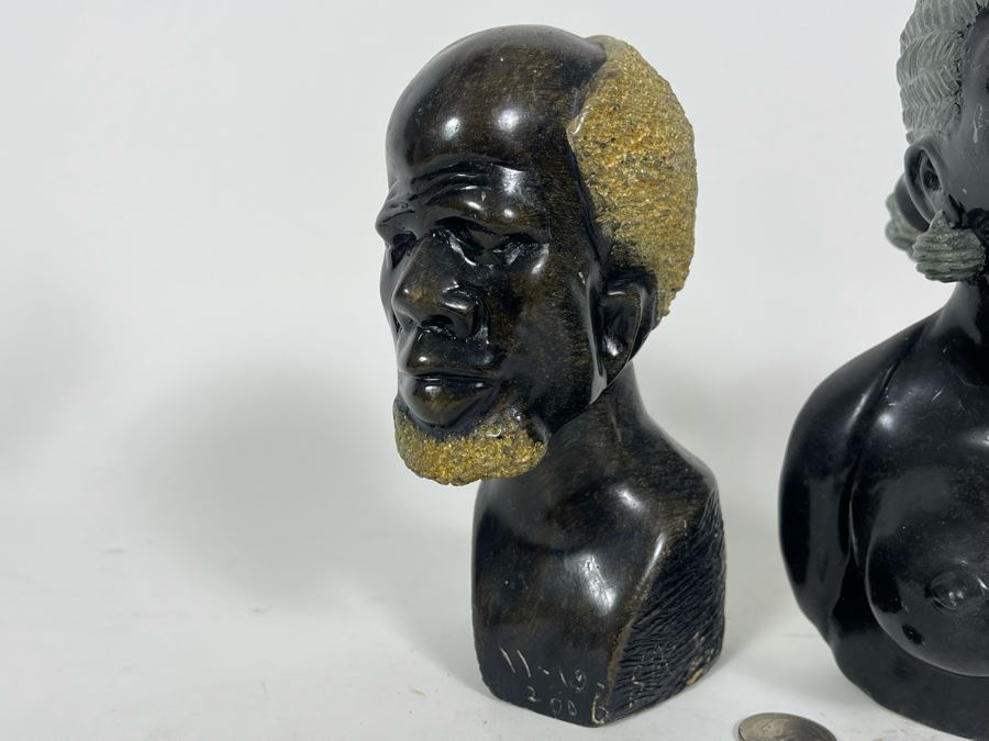 Vintage Pair Of Hand Carved Stone Bust Sculptures Of Mand And Woman From Zimbabwe Africa 7H And 8H [Photo 3]