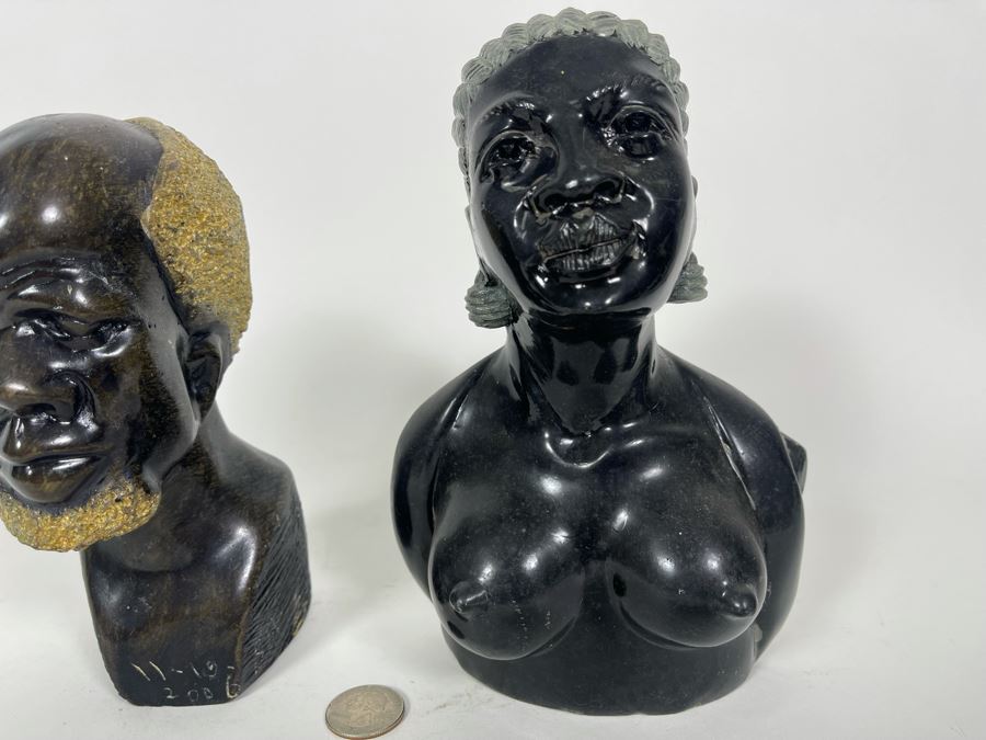 Vintage Pair Of Hand Carved Stone Bust Sculptures Of Mand And Woman From Zimbabwe Africa 7H And 8H [Photo 10]