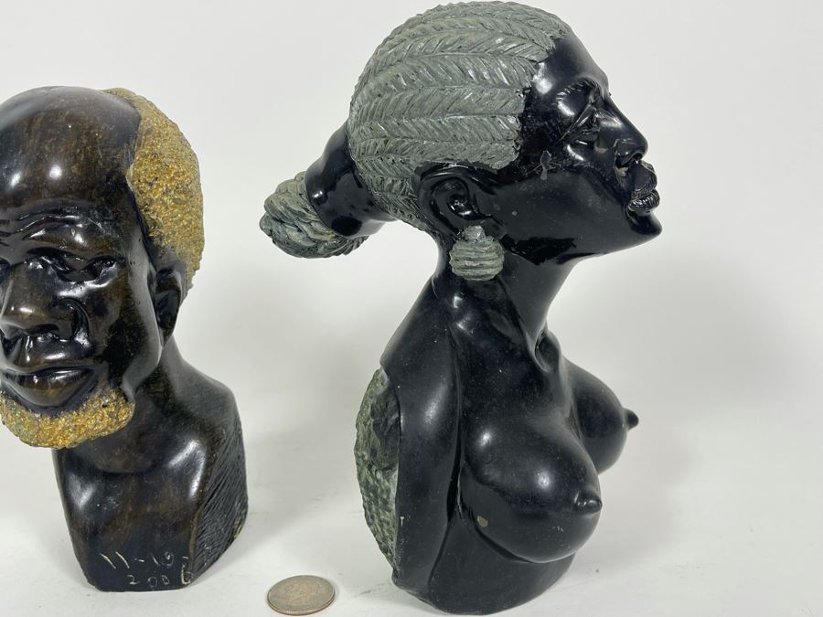 Vintage Pair Of Hand Carved Stone Bust Sculptures Of Mand And Woman From Zimbabwe Africa 7H And 8H [Photo 12]