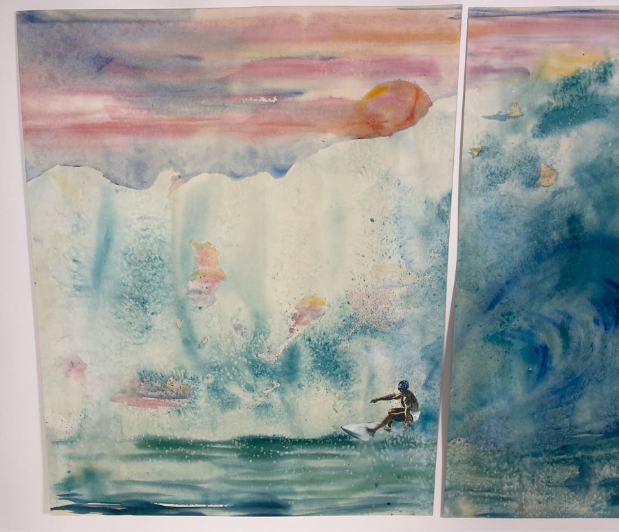 Vintage Hawaiian Original Diptych Watercolor Paintings On Paper Of Surfer Riding North Shore Hawaii Pipeline Wave Each Painting Measures 22 X 27.5 [Photo 3]