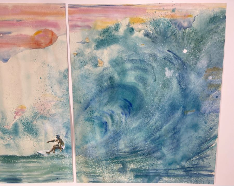 Vintage Hawaiian Original Diptych Watercolor Paintings On Paper Of Surfer Riding North Shore Hawaii Pipeline Wave Each Painting Measures 22 X 27.5 [Photo 7]
