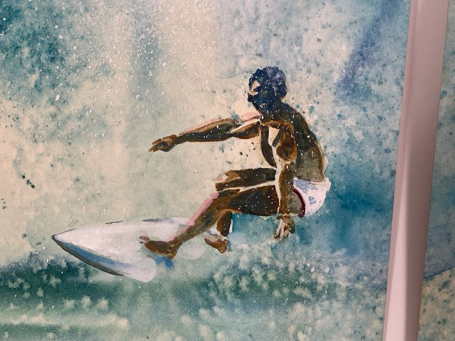 Vintage Hawaiian Original Diptych Watercolor Paintings On Paper Of Surfer Riding North Shore Hawaii Pipeline Wave Each Painting Measures 22 X 27.5 [Photo 5]