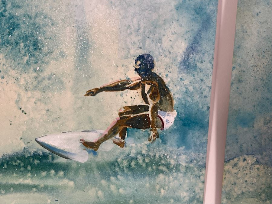 Vintage Hawaiian Original Diptych Watercolor Paintings On Paper Of Surfer Riding North Shore Hawaii Pipeline Wave Each Painting Measures 22 X 27.5 [Photo 4]