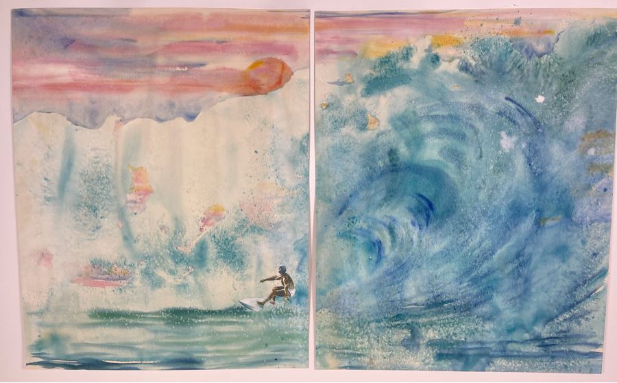 Vintage Hawaiian Original Diptych Watercolor Paintings On Paper Of Surfer Riding North Shore Hawaii Pipeline Wave Each Painting Measures 22 X 27.5