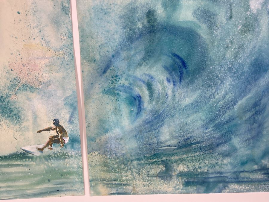 Vintage Hawaiian Original Diptych Watercolor Paintings On Paper Of Surfer Riding North Shore Hawaii Pipeline Wave Each Painting Measures 22 X 27.5 [Photo 6]