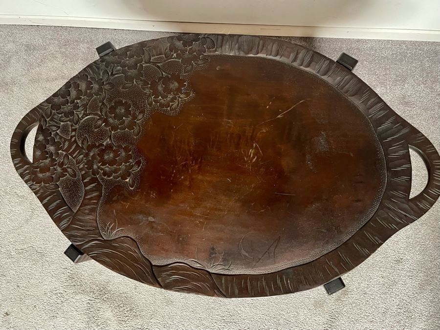 Vintage Hand Carved Asian Table With Pair Of Removable Trays 29W X 17.5D X 21.5H [Photo 7]