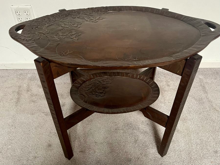 Vintage Hand Carved Asian Table With Pair Of Removable Trays 29W X 17.5D X 21.5H