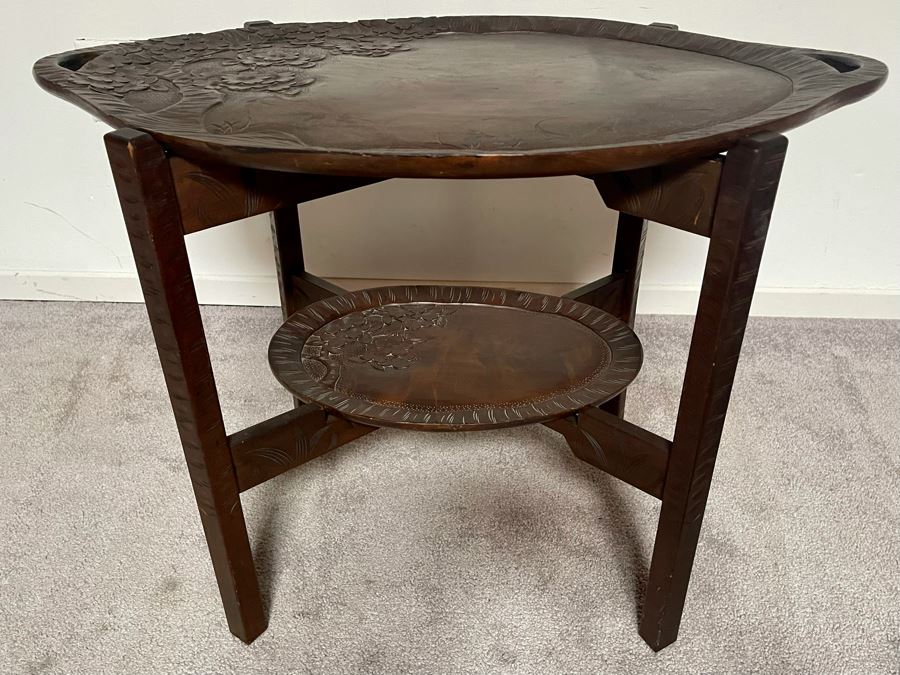 Vintage Hand Carved Asian Table With Pair Of Removable Trays 29W X 17.5D X 21.5H [Photo 3]
