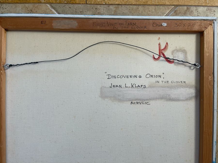 Signed Original Jean L. Klafs Oil Painting On Canvas Titled 'Discovering Orion In The Clover, First Visit On Farm' 30 X 24 [Photo 7]