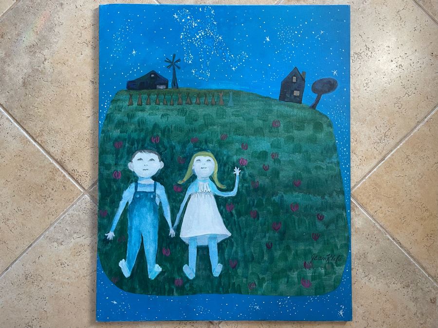 Signed Original Jean L. Klafs Oil Painting On Canvas Titled 'Discovering Orion In The Clover, First Visit On Farm' 30 X 24