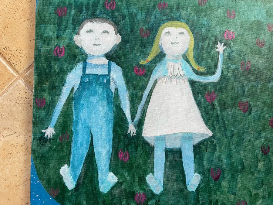 Signed Original Jean L. Klafs Oil Painting On Canvas Titled 'Discovering Orion In The Clover, First Visit On Farm' 30 X 24 [Photo 3]