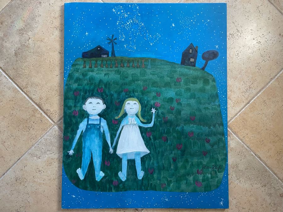 Signed Original Jean L. Klafs Oil Painting On Canvas Titled 'Discovering Orion In The Clover, First Visit On Farm' 30 X 24 [Photo 2]