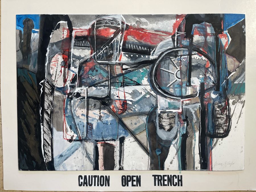 Original Jean Klafs Abstract Painting On Paper Titled 'Caution Open Trench' 21 X 14.5 [Photo 2]