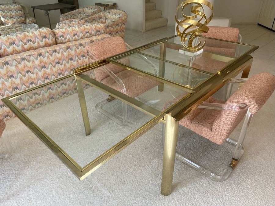 Four Signed 'Lion In Frost' Lucite And Brass Designer Chairs With Brass DIA Expandable Dining Table With Built-In Sliding Leaves 42 X 52 (104' With Leaves Extended) Estimate $10,000 [Photo 12]
