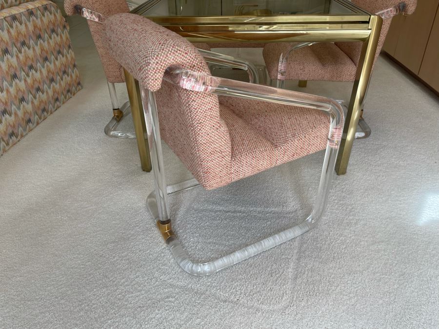 Four Signed 'Lion In Frost' Lucite And Brass Designer Chairs With Brass DIA Expandable Dining Table With Built-In Sliding Leaves 42 X 52 (104' With Leaves Extended) Estimate $10,000 [Photo 9]