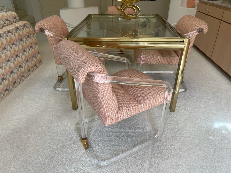 Four Signed 'Lion In Frost' Lucite And Brass Designer Chairs With Brass DIA Expandable Dining Table With Built-In Sliding Leaves 42 X 52 (104' With Leaves Extended) Estimate $10,000 [Photo 8]