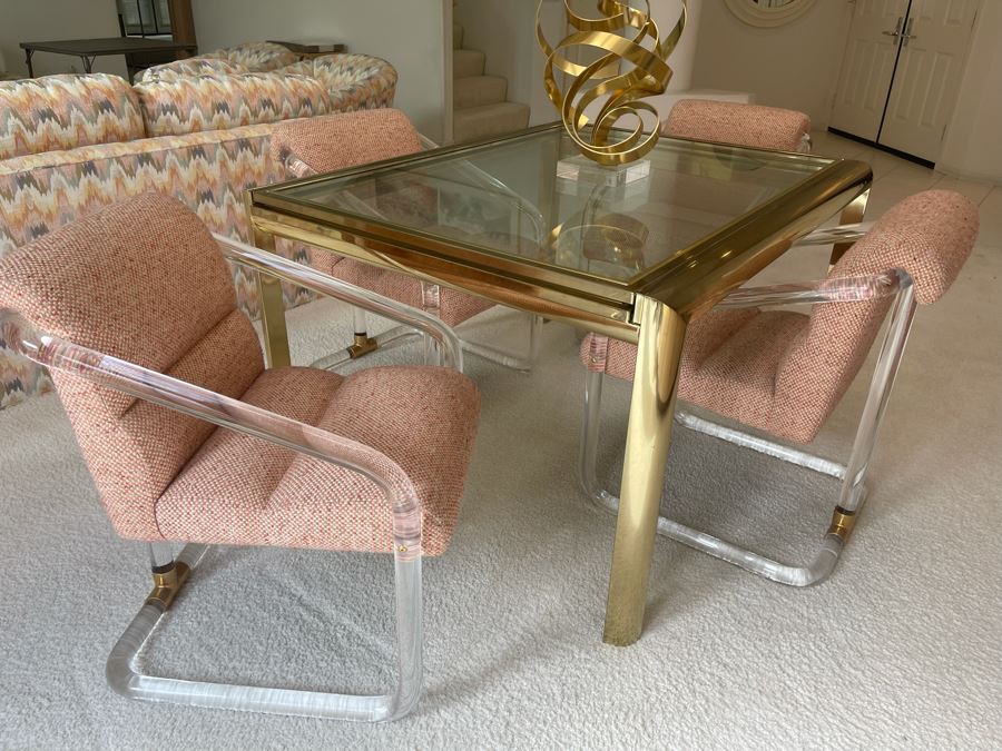 Four Signed 'Lion In Frost' Lucite And Brass Designer Chairs With Brass DIA Expandable Dining Table With Built-In Sliding Leaves 42 X 52 (104' With Leaves Extended) Estimate $10,000 [Photo 10]