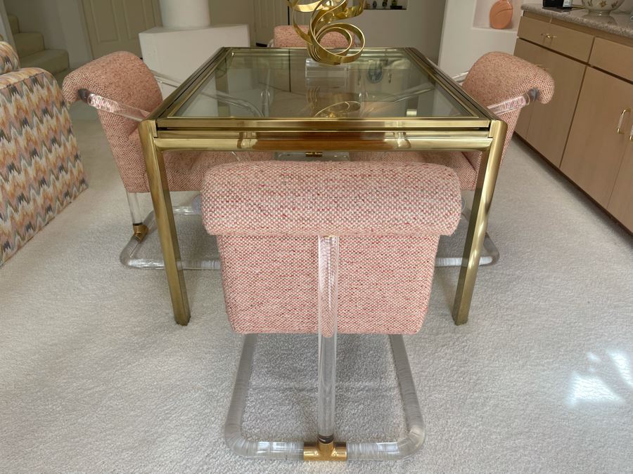 Four Signed 'Lion In Frost' Lucite And Brass Designer Chairs With Brass DIA Expandable Dining Table With Built-In Sliding Leaves 42 X 52 (104' With Leaves Extended) Estimate $10,000 [Photo 6]