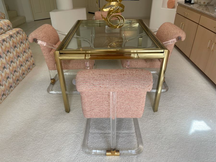 Four Signed 'Lion In Frost' Lucite And Brass Designer Chairs With Brass DIA Expandable Dining Table With Built-In Sliding Leaves 42 X 52 (104' With Leaves Extended) Estimate $10,000 [Photo 4]