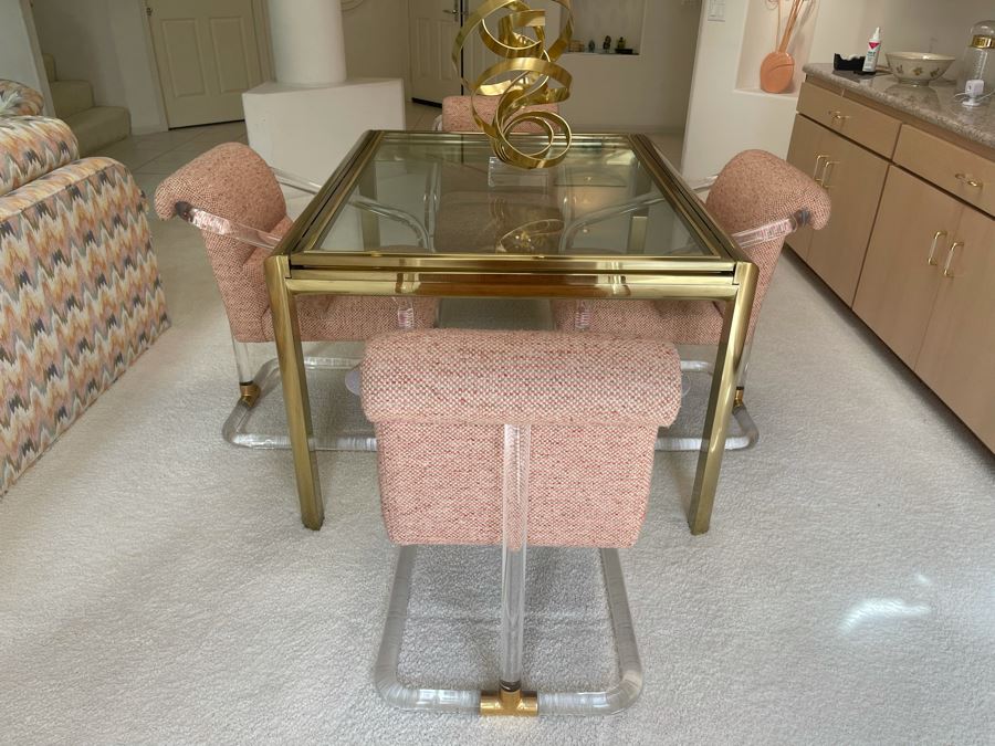 Four Signed 'Lion In Frost' Lucite And Brass Designer Chairs With Brass DIA Expandable Dining Table With Built-In Sliding Leaves 42 X 52 (104' With Leaves Extended) Estimate $10,000 [Photo 3]