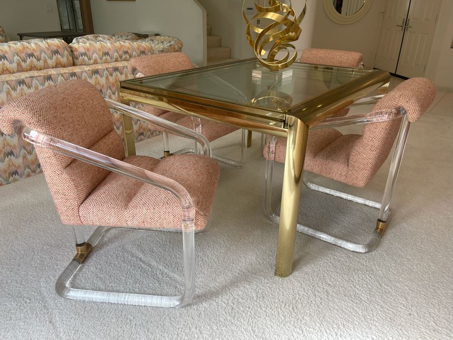 Four Signed 'Lion In Frost' Lucite And Brass Designer Chairs With Brass DIA Expandable Dining Table With Built-In Sliding Leaves 42 X 52 (104' With Leaves Extended) Estimate $10,000 [Photo 1]