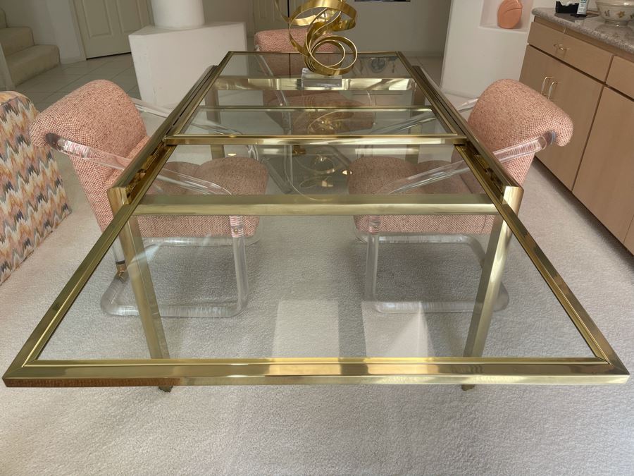 Four Signed 'Lion In Frost' Lucite And Brass Designer Chairs With Brass DIA Expandable Dining Table With Built-In Sliding Leaves 42 X 52 (104' With Leaves Extended) Estimate $10,000 [Photo 13]